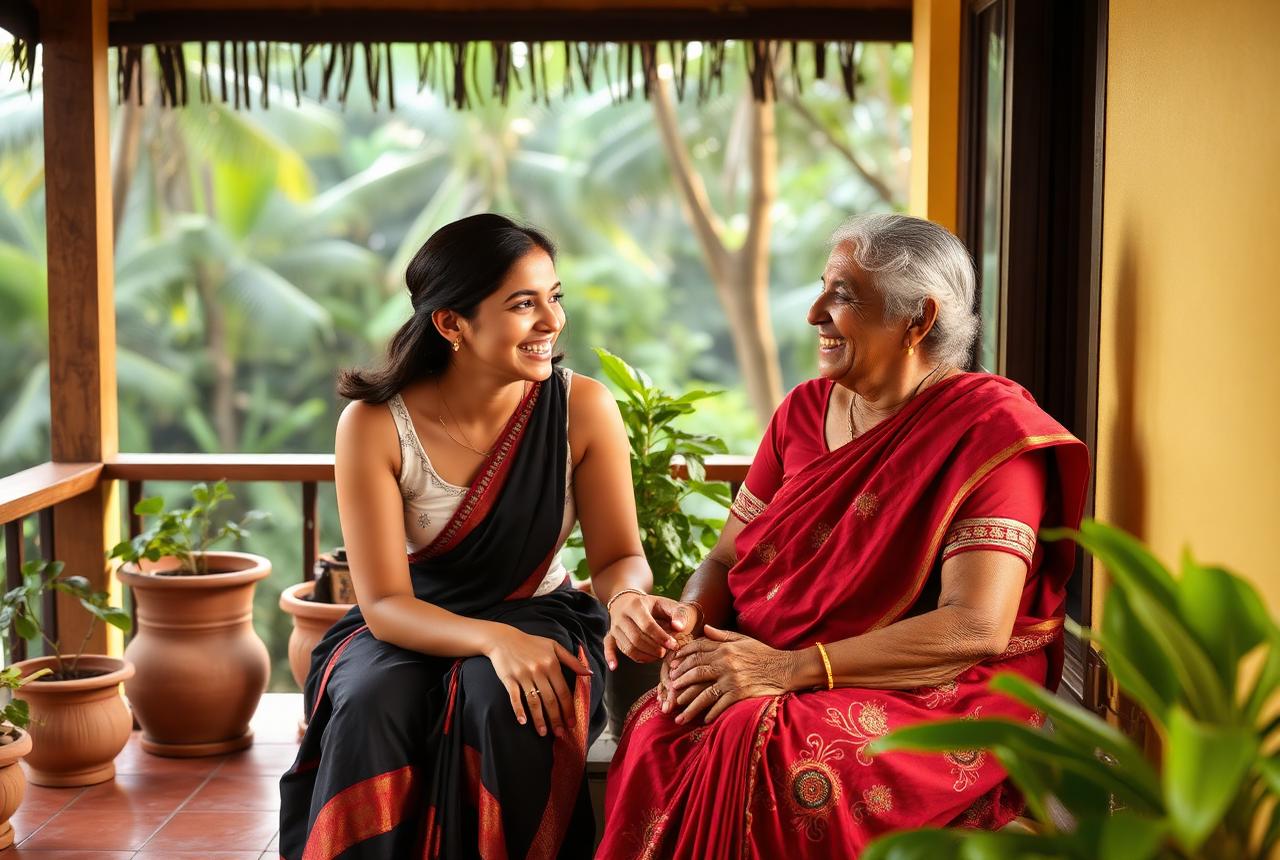 A Bezyde companion sitting and laughing with an elderly woman on a veranda