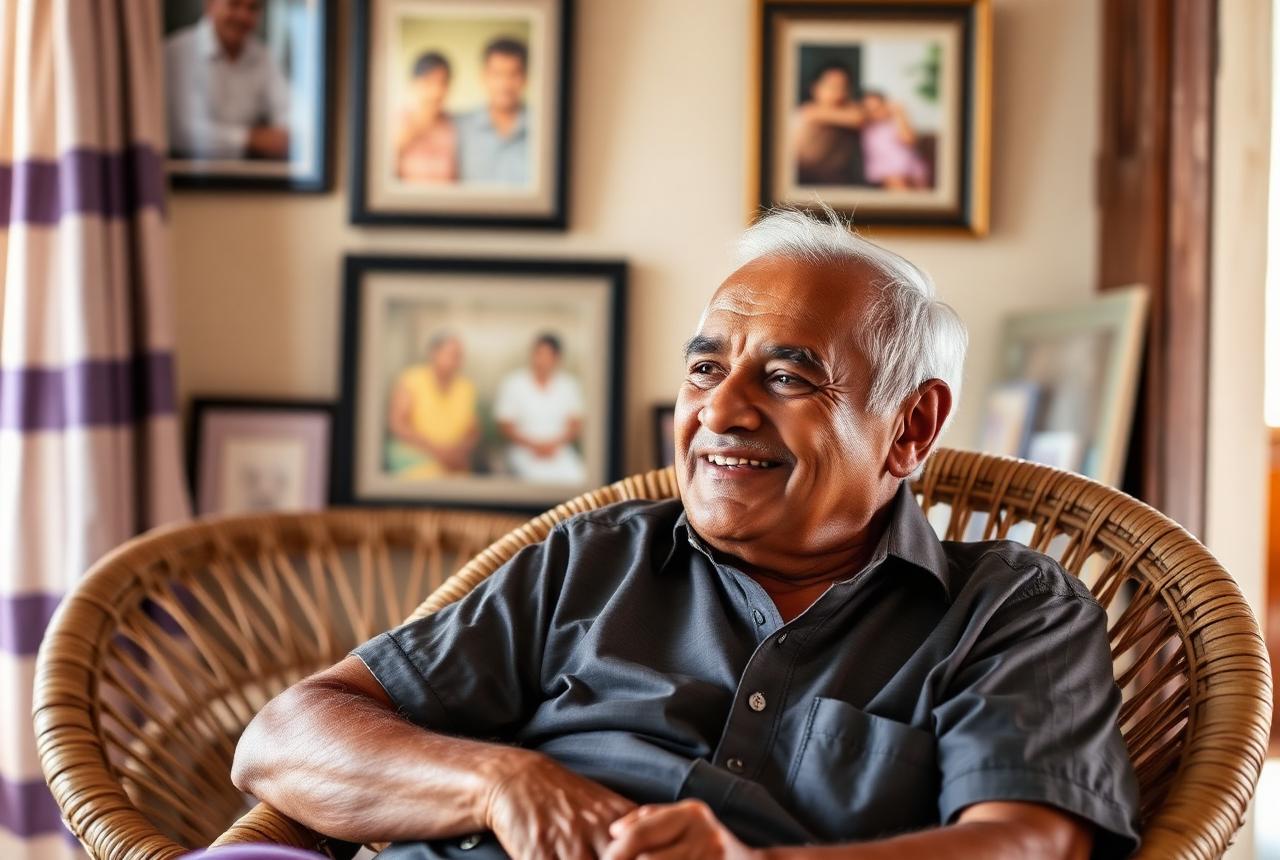 An elderly man smiling as he talks, family photographs behind him