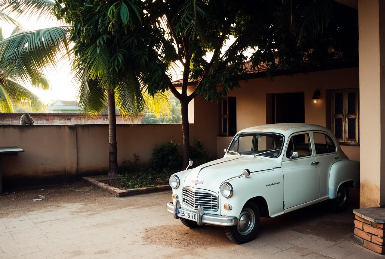 An old car parked in the shaded courtyard of a Kerala home