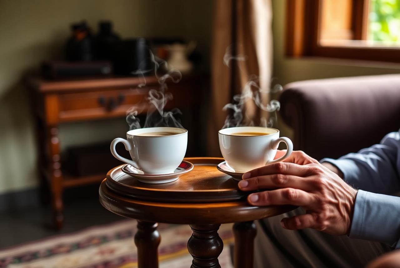 Two cups of tea on a small wooden table in a Kerala living room